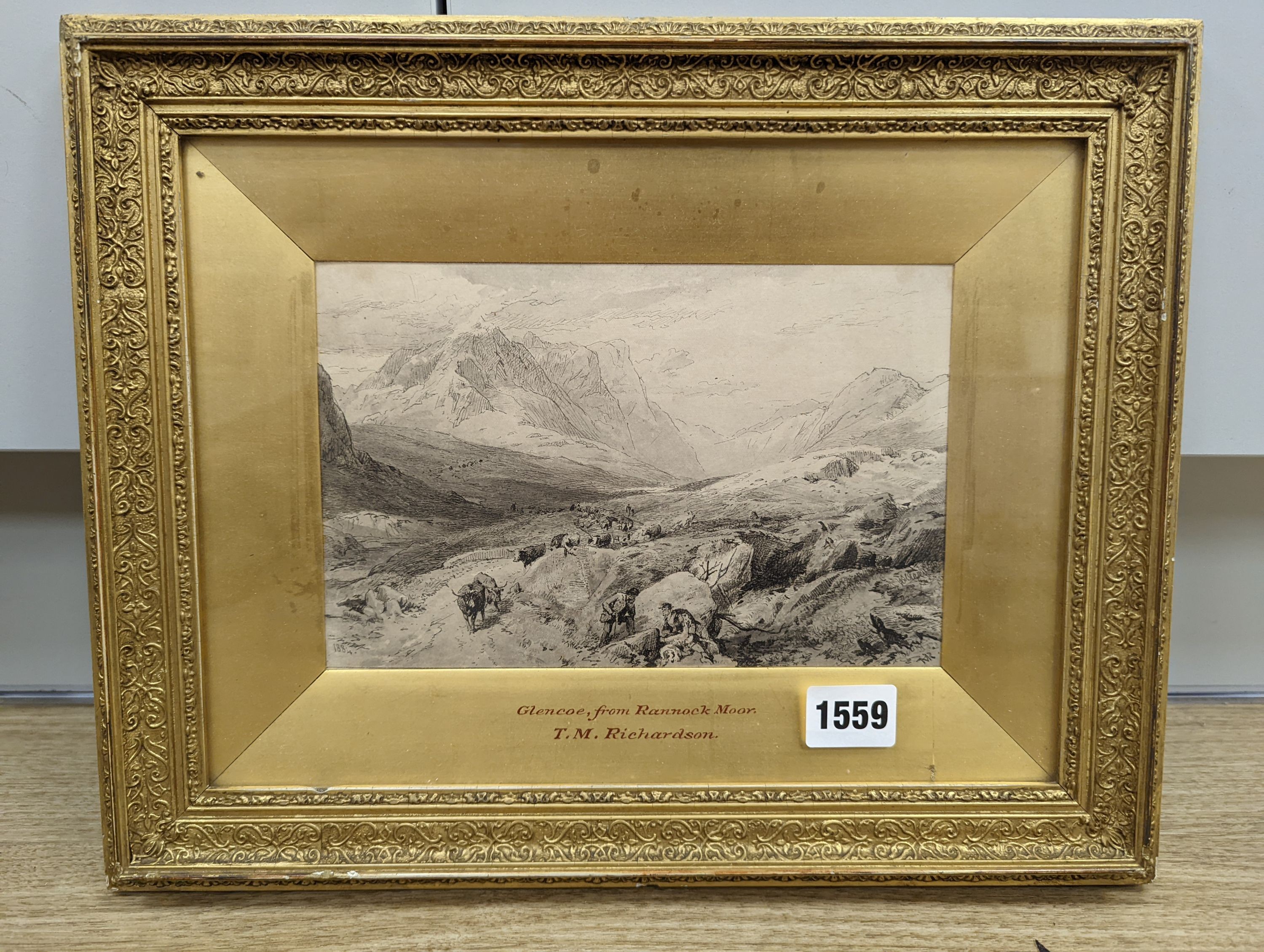 Thomas Miles Richardson (1813-1890), pair of ink and wash drawings, 'Etna from Taormina' and 'Glencoe from Ranoch Moor', initialled and dated 1884/85, 14 x 21cm